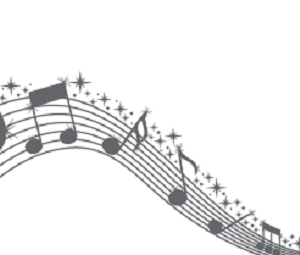 black and white music notes dancing across white background