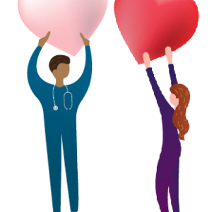 cartoon of male nurse and woman holding up two heart shapes